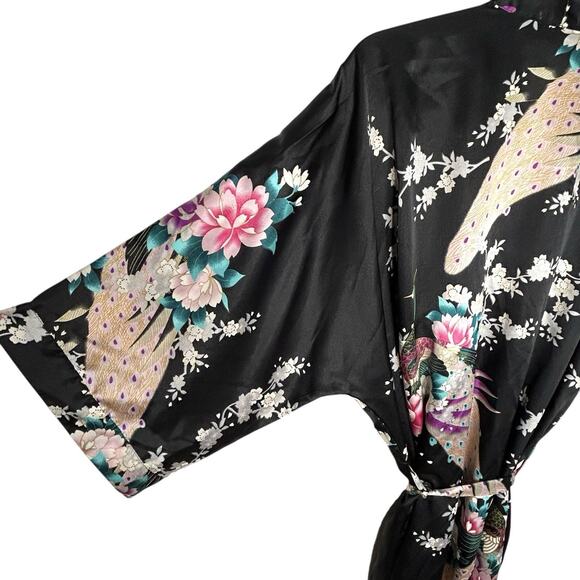 Kim + Ono Kimono Silky Maxi Robe Womens Floral Exotic Peacock Leisure Loungewear - Picture 4 of 16